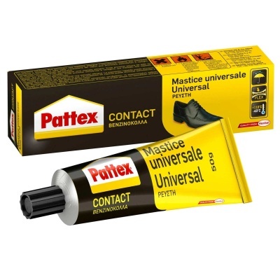 Cola Pattex Contact universal em tubo amarelo e preto com caixa correspondente.