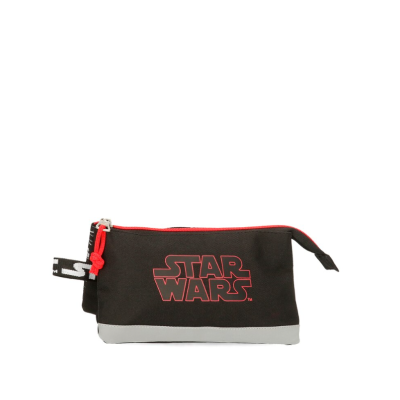 Necessaire preta com logo Star Wars vermelho e fecho vermelho.