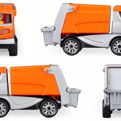 brinquedo camião de lixo laranja e cinzento com personagem