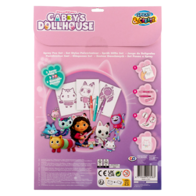 Embalagem rosa com personagens de Gabby's Dollhouse e conjunto de canetas spray