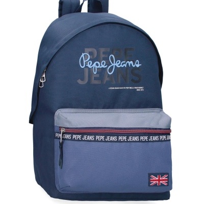 Mochila Pepe Jeans azul escura e azul clara com bolso frontal e logótipos Pepe Jeans
