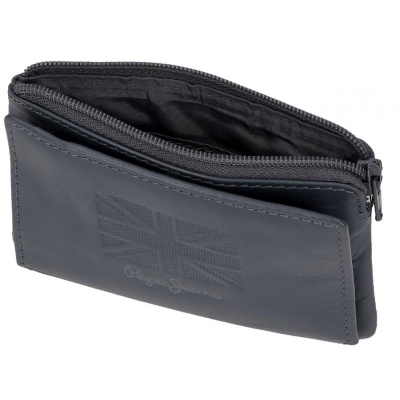 Carteira preta de couro com padrão da bandeira britânica e fecho de correr