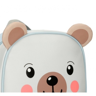 Mochila cinza claro com rosto de urso infantil e orelhas bordadas