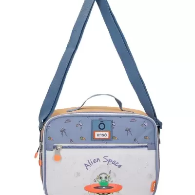 Saco azul e branco com estampa de ET e texto Alien Space