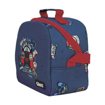 Mochila azul com padrão gráfico e fecho vermelho