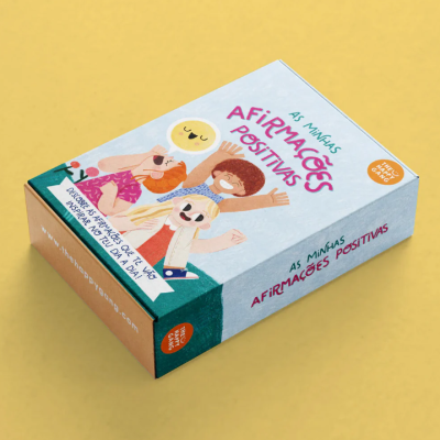 Caixa ilustrada com título AS MINHAS AFIRMAÇÕES POSITIVAS e três personagens desenhados