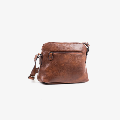 Mala pequena em couro castanho com fecho frontal e alça ajustável