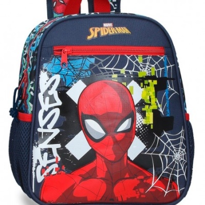 mochila azul com estampado do Spiderman e bolso vermelho