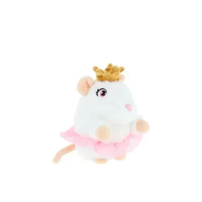Pelúcia de rato com coroa amarela e saia rosa