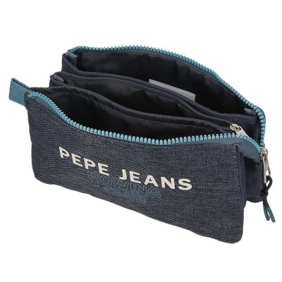 Estojo escolar azul escuro com fechos de correr azuis e logotipo PEPE JEANS