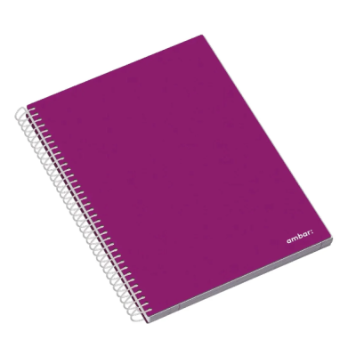 Caderno espiral com capa roxa e texto ambar.