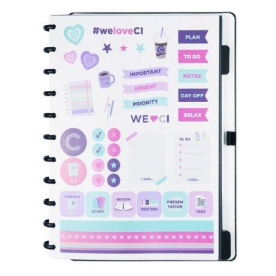 Conjunto de autocolantes coloridos para organização com textos e ícones diversos.