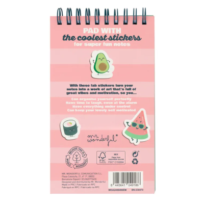 Bloco de notas rosa com adesivos coloridos de abacate, robô e melancia e texto em inglês