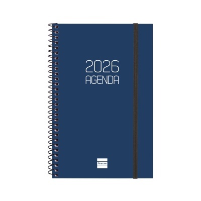 Agenda 2026 azul escuro com espiral e elástico preto