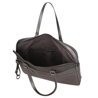 Mala de ombro cinza em pele com interior forrado preto aberta