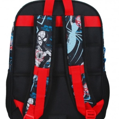Mochila preta com alças vermelhas e padrão de Homem-Aranha
