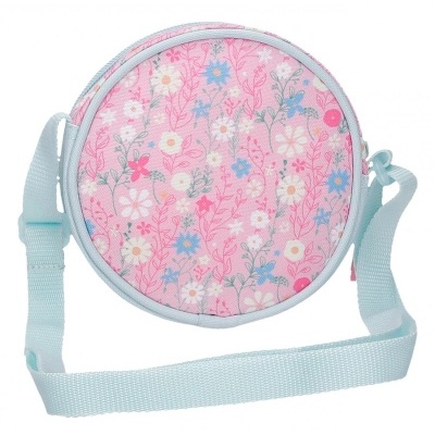 Mala redonda com padrão floral rosa e alça azul clara