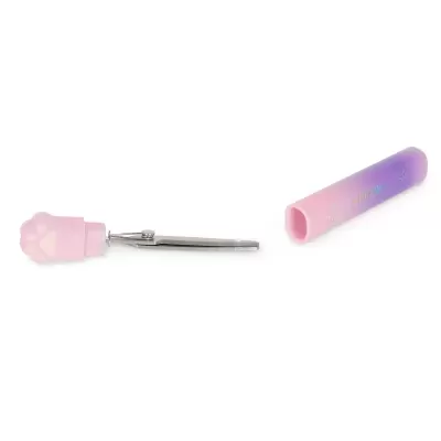 Caneta com tampa rosa em forma de pata e corpo metálico prateado