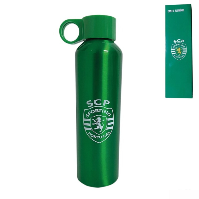 Garrafa de alumínio verde do Sporting Portugal com tampa e argola, junto com embalagem verde.