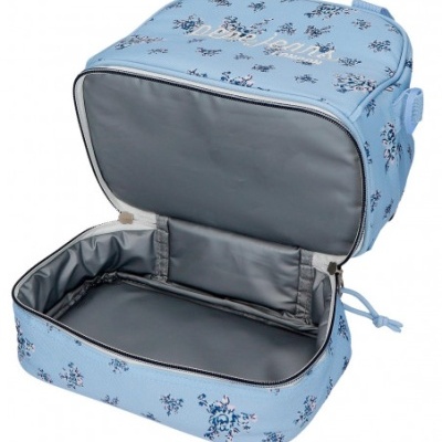 Mochila azul clara com padrões florais e interior cinzento aberto