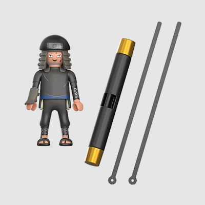 Boneco com roupa preta e sandálias, eixo preto dourado e dois palitos cinza sobre fundo branco