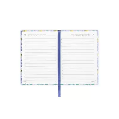 Agenda aberta com páginas datadas 9 e 10 e marcador roxo