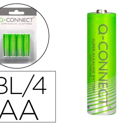 Pilha AA Q-CONNECT verde com embalagem plástica transparente e cartão cinza e branco