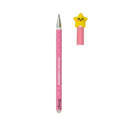 Caneta rosa com estrelas e tampa com estrela amarela sorridente