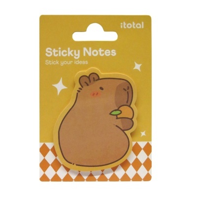 Bloco de notas autocolantes forma capivara castanha segurando fruta em embalagem amarela