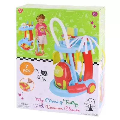 Brinquedo carrinho de limpeza colorido com acessórios e embalagem verde