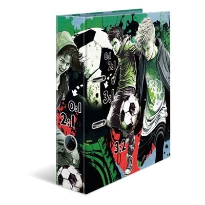 Fichário com ilustração de jovens jogadores de futebol e bolas sobre fundo colorido