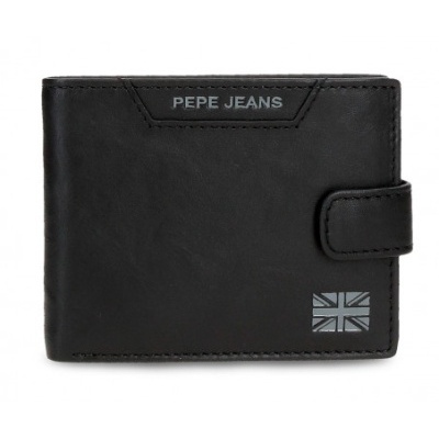 Carteira preta de pele com fecho e logo PEPE JEANS