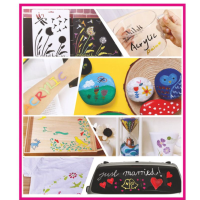 Montagem de artesanato pintado à mão em vários objetos e materiais