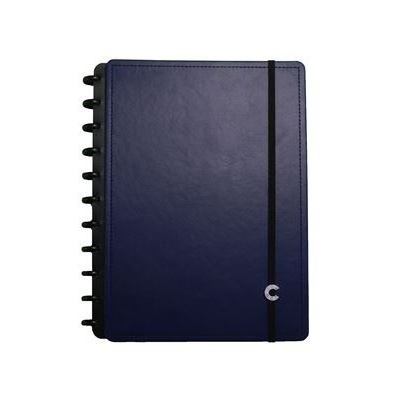 Caderno azul escuro com elástico preto e detalhe prateado letra C