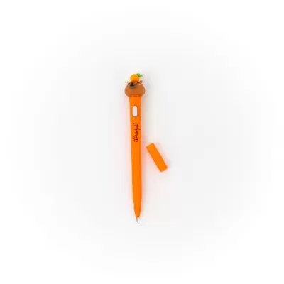 Caneta esferográfica laranja com urso e laranja no topo