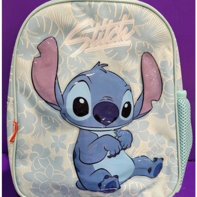 Mochila infantil azul claro com estampa do Stitch e padrão floral