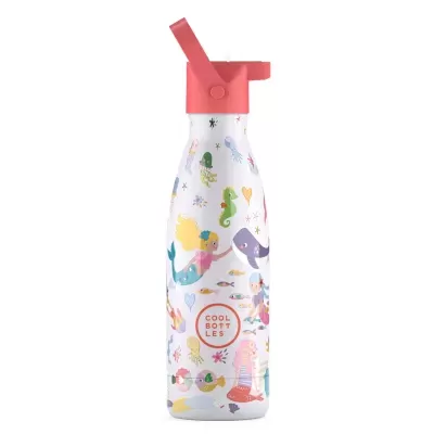 Garrafa metálica branca com tampa rosa e estampas de sereias e peixes