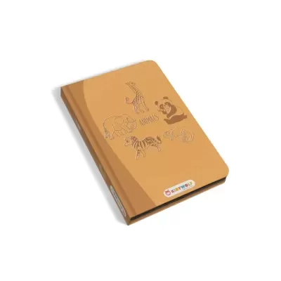 Livro infantil castanho com desenhos de animais e texto ANIMALS