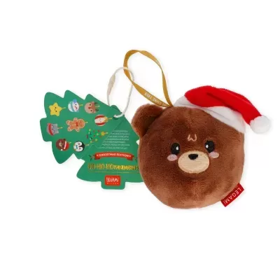 Enfeite de Natal em peluche castanho em forma de urso com chapéu de Pai Natal.