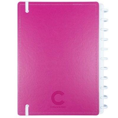 Caderno rosa com capa sintética e fecho elástico branco