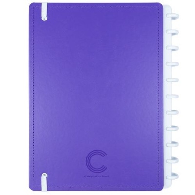 Caderno de argolas com capa rígida roxa e elásticos brancos