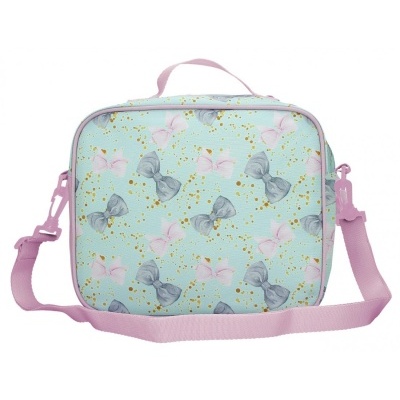 Bolsa azul clara com laços cinza e rosa e alça rosa