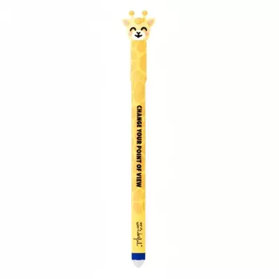 Caneta amarela com cabeça de girafa e texto em preto no corpo