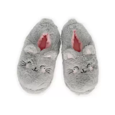 Chinelos de quarto cinza de pelo com rosto de gato bordado.