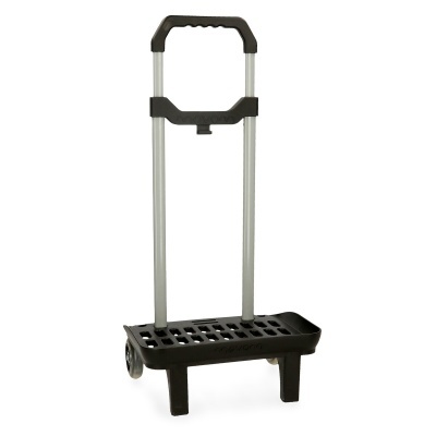 Carrinho de transporte metálico com base em plástico preto e rodas