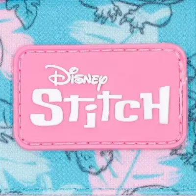 Etiqueta rosa Disney STITCH em fundo azul com padrões florais