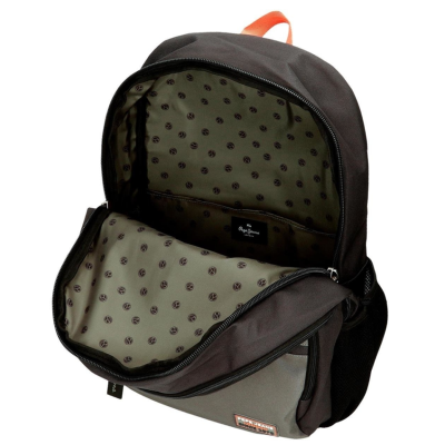 Mochila cinza aberto mostrando interior verde com padrão