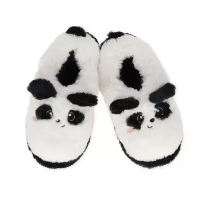 Chinelos de pelúcia branco e preto com design de rosto de panda