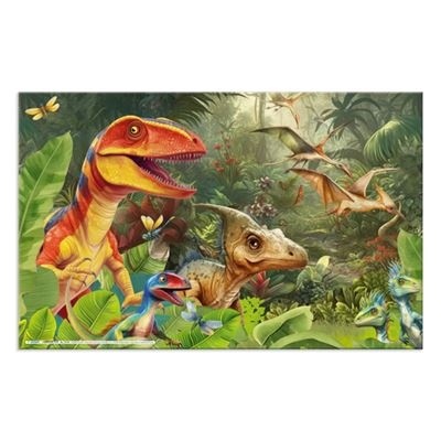 Ilustração colorida de dinossauros em floresta tropical