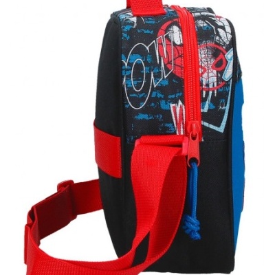 Mala infantil preta com estampa colorida e alça vermelha